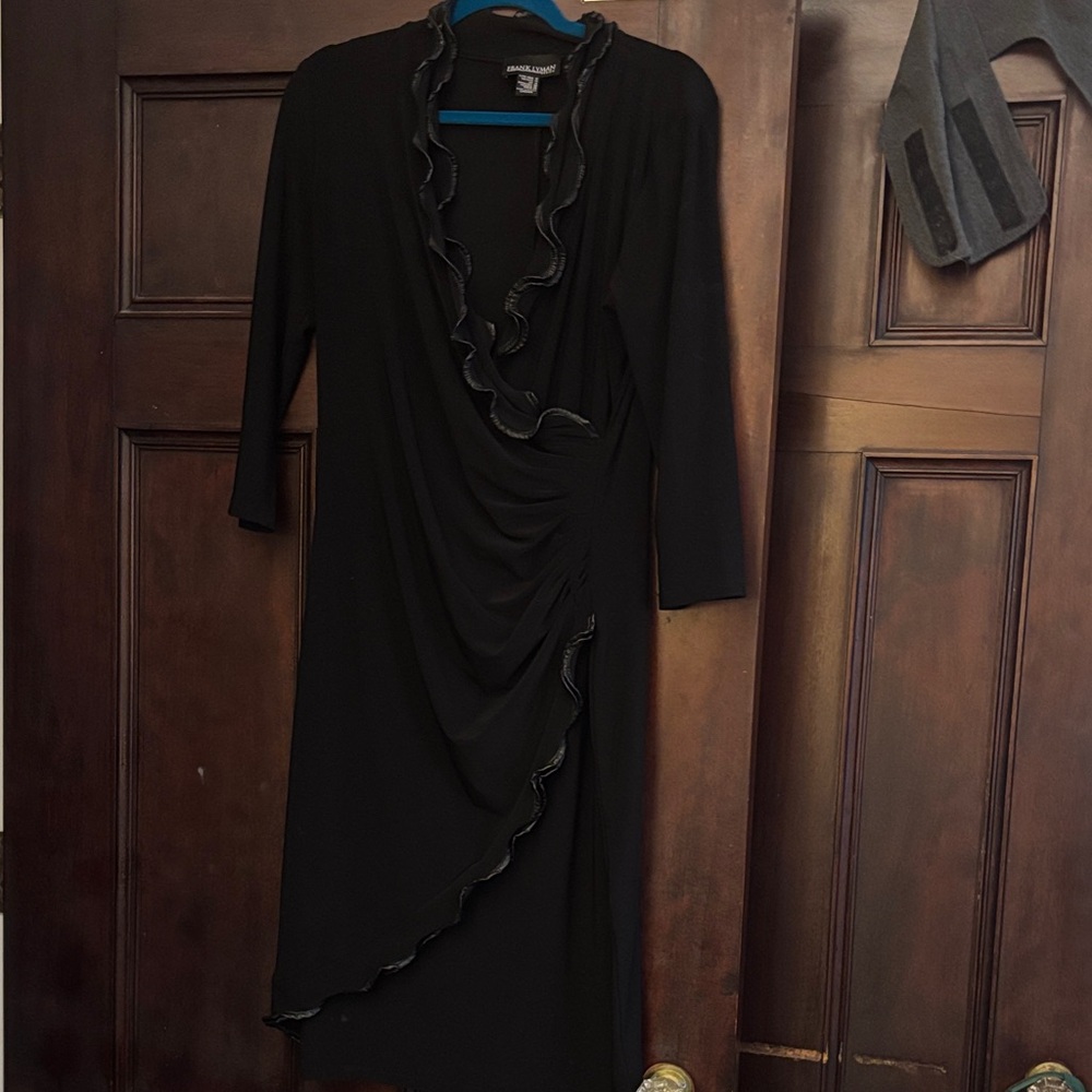 Frank Lyman Design Black Ruffled Wrap-Style Long Sleeve Dress